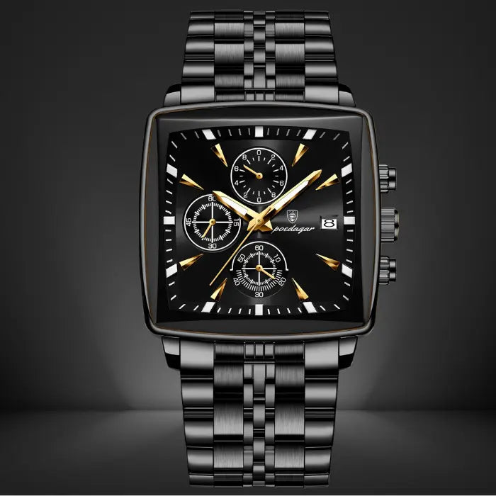 black and gold chronograph watch featuring a square dial, luminous hands, and a durable stainless steel band