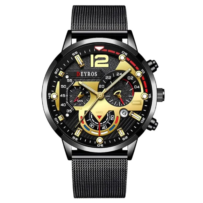 Sleek black watch with gold accents, combining fashion and functionality.