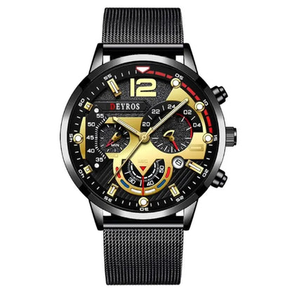 Sleek black watch with gold accents, combining fashion and functionality.