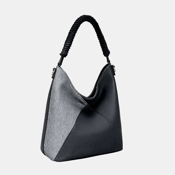 Sleek black and gray hobo bag with braided handle, combining leather and felt-like materials