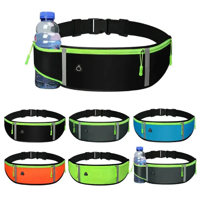 Black running belt with neon green trim, water bottle holder, adjustable strap, and reflective details for visibility