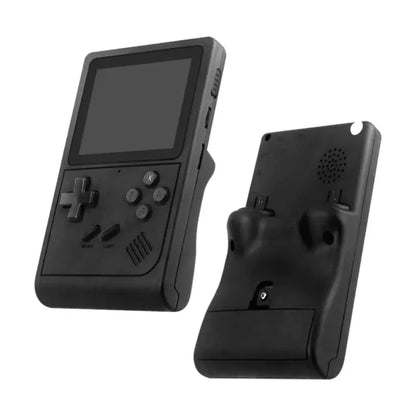 Black portable gaming console with screen and control buttons, front and back views displayed side by side