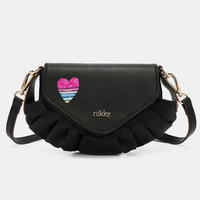 Chic black pleated crossbody purse with rainbow heart design, perfect for modern minimalist fashion statements