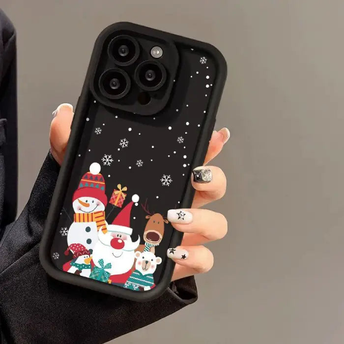 festive Iphone case in black with Christmas decorations, snowman, santa, rudolf a penguin and white bear.  Compatible with iphone 12-16