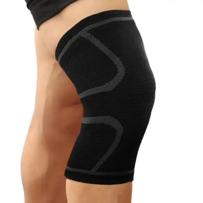 Knee support brace featuring black fabric with gray contoured lines for enhanced stability and compression during physical activities