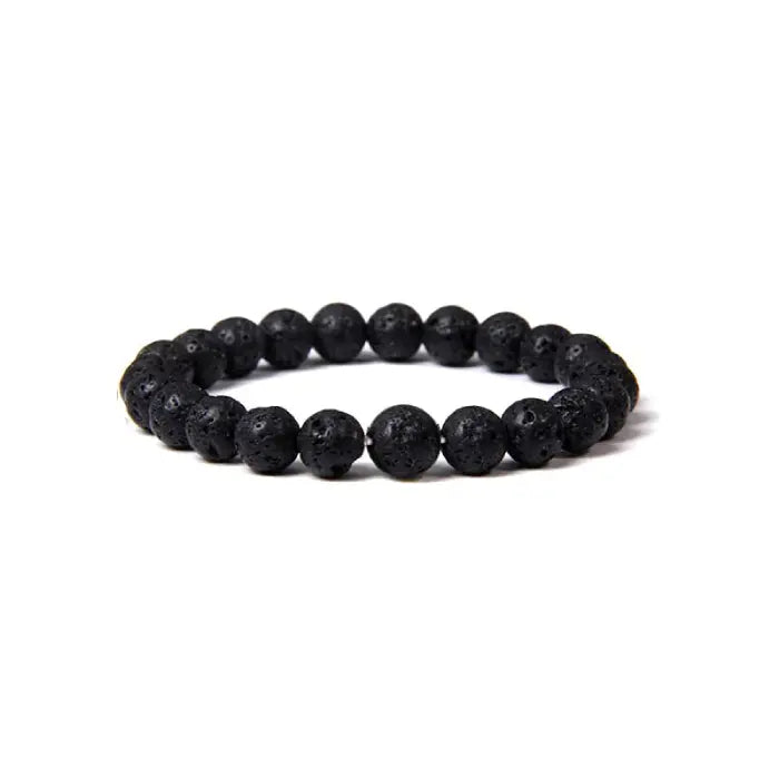 Black volcanic lava rock beaded stretch bracelet with natural textured finish