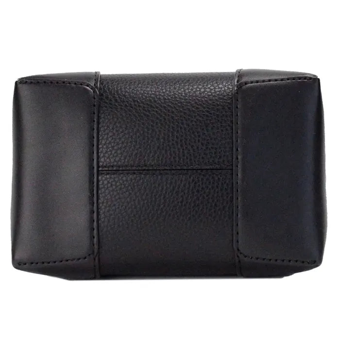 Bottom view of a black leather handbag showing quality craftsmanship and durable base.