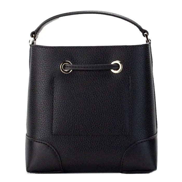 Front view of a black leather handbag with gold grommets, highlighting elegant design details.