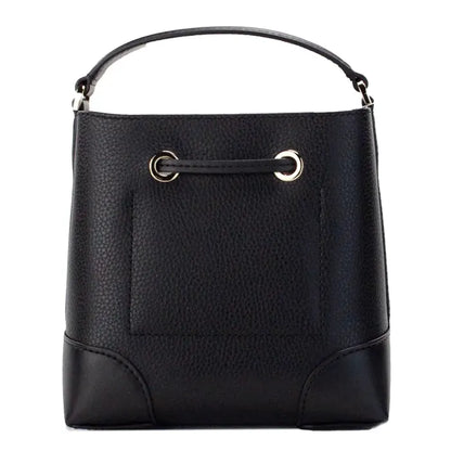 Front view of a black leather handbag with gold grommets, highlighting elegant design details.