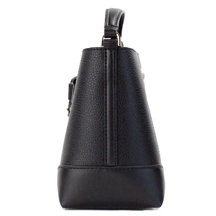 Side profile of a black leather handbag with sleek lines, ideal for sophisticated fashion enthusiasts.