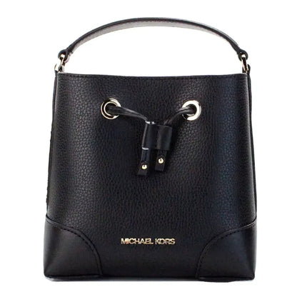 Black leather handbag with a sturdy handle and gold accents, perfect for everyday elegance.