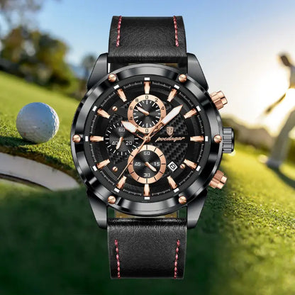 High-end leather watch with a black strap, stainless steel case, and chronograph design, displayed on a golf course background.