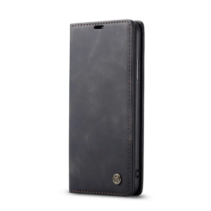 Premium black leather wallet phone case with precise stitching and elegant design for smartphones.