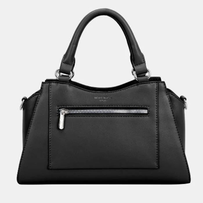 Classic black leather satchel with silver accents and front zip pocket