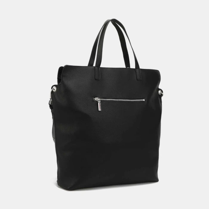 Sleek black leather tote with silver zipper pocket detail, perfect for professional modern minimalist style accessories