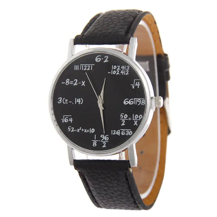 Analog wristwatch with black strap and black dial showcasing mathematical equations for a sleek style.