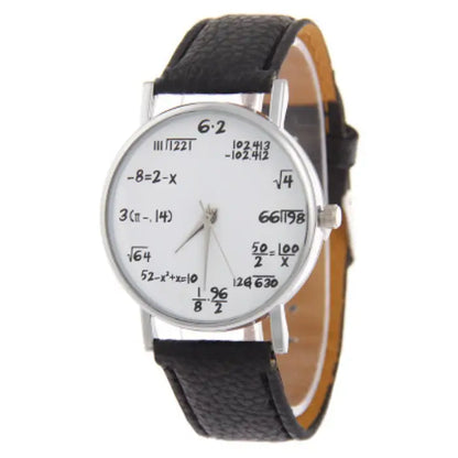 Elegant wristwatch with black strap featuring a white dial with unique mathematical equations design.