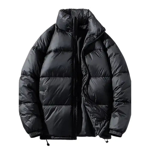  Black oversized puffer jacket horizontal quilted with high collar, zipper open showing interior, elastic cuffs.