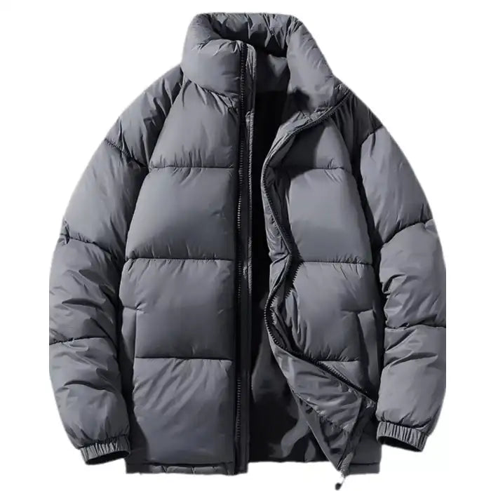 Black oversized puffer jacket horizontal quilted open view, revealing gray lining, side pockets, and insulated design.