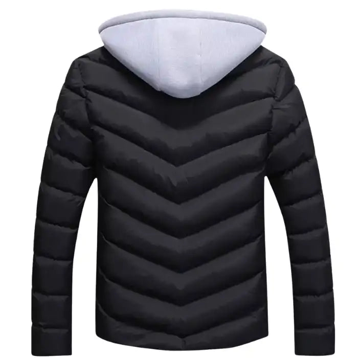 Black quilted puffer jacket with grey hood back view, featuring chevron pattern quilting and warm insulated design.