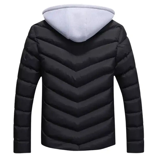Black quilted puffer jacket with grey hood back view, featuring chevron pattern quilting and warm insulated design.