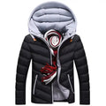Black quilted puffer jacket with grey hood and contrast zipper shown unzipped, revealing striped inner lining.