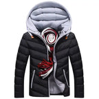 Black quilted puffer jacket with grey hood and contrast zipper shown unzipped, revealing striped inner lining.