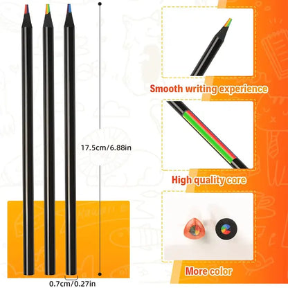 Three black pencils with rainbow cores shown with dimensions, smooth writing and high-quality core highlighted.