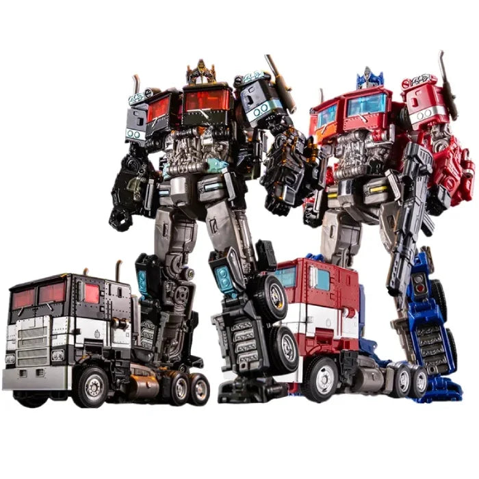 Two transforming robot figures in black and red, displayed alongside their truck modes with detailed mechanical designs.