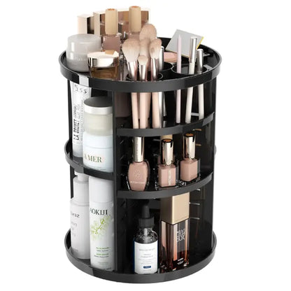 Black rotating makeup organizer with brushes, nail polish, and cosmetics for efficient storage.