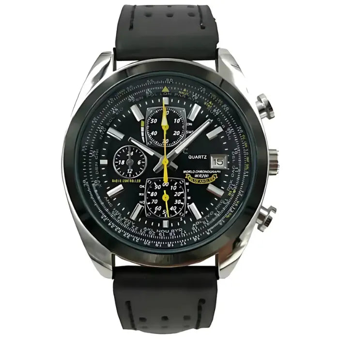 Sports chronograph watch with black rubber strap, stainless steel case, and black dial featuring yellow chronograph hands