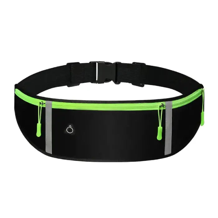 Black running belt with neon green zipper and trim, adjustable strap, and reflective details for nighttime visibility