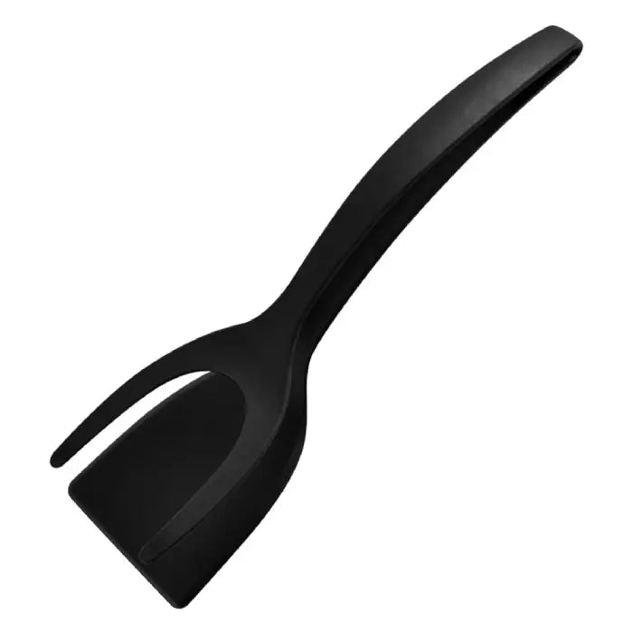 Black silicone spatula with a dual-purpose design for versatile cooking in non-stick pans.