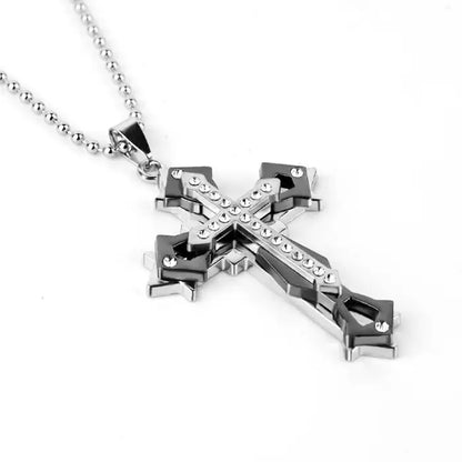 Black and silver cross pendant necklace featuring crystals, a stylish men's Christian jewelry option.