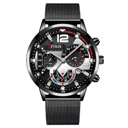 Modern Deyros watch featuring black and silver design with mesh band and detailed dials.