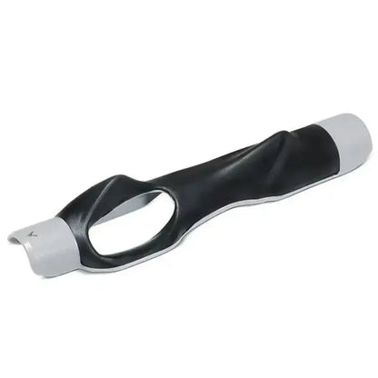 Side view of black and silver ergonomic golf grip showcasing curved design and finger hole