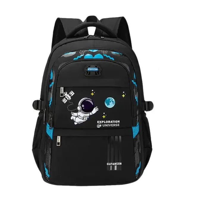 Black backpack with astronaut and planet designs, multiple compartments, and blue accents