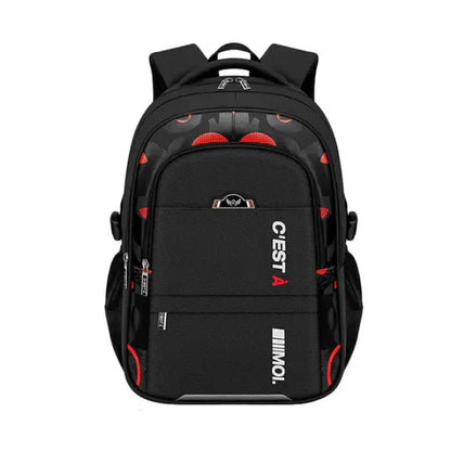 Black backpack with red accents, multiple compartments, and side pockets for school or sports use