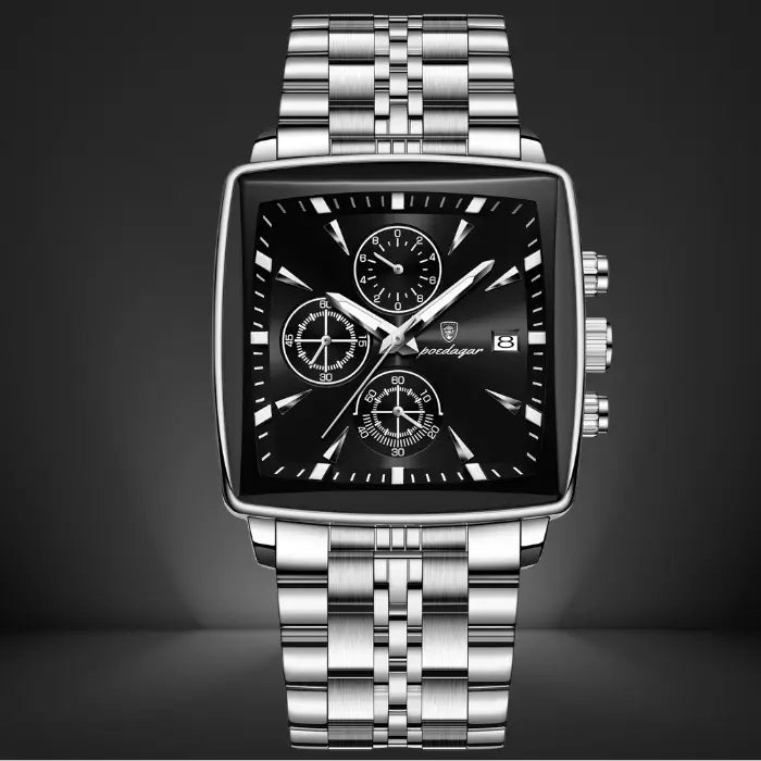 black chronograph watch featuring a square dial, luminous hands, and a durable stainless steel band