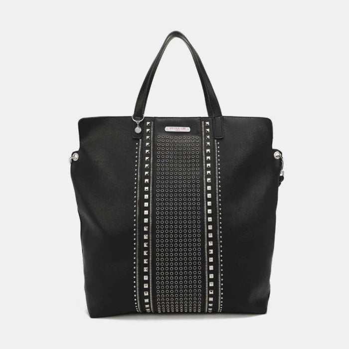 Black leather designer tote featuring decorative studded center panel and premium silver hardware embellishments