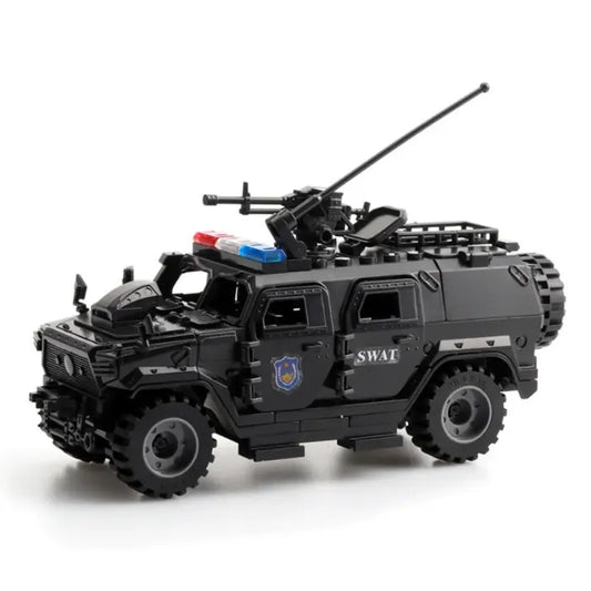 Black SWAT toy armored vehicle with a roof-mounted gun, antennas, and modular design features.