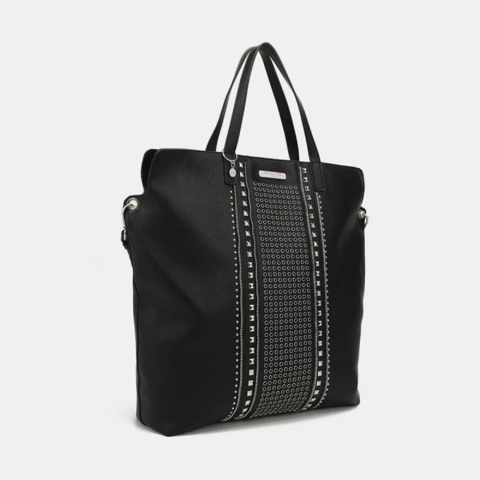 Modern black leather tote bag with studded detail shown at side angle, highlighting contemporary structured silhouette