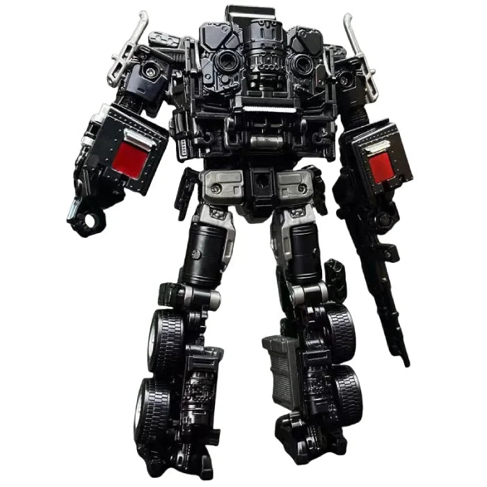 Rear view of a black transforming robot showcasing mechanical detailing, red highlights, and attached weaponry.