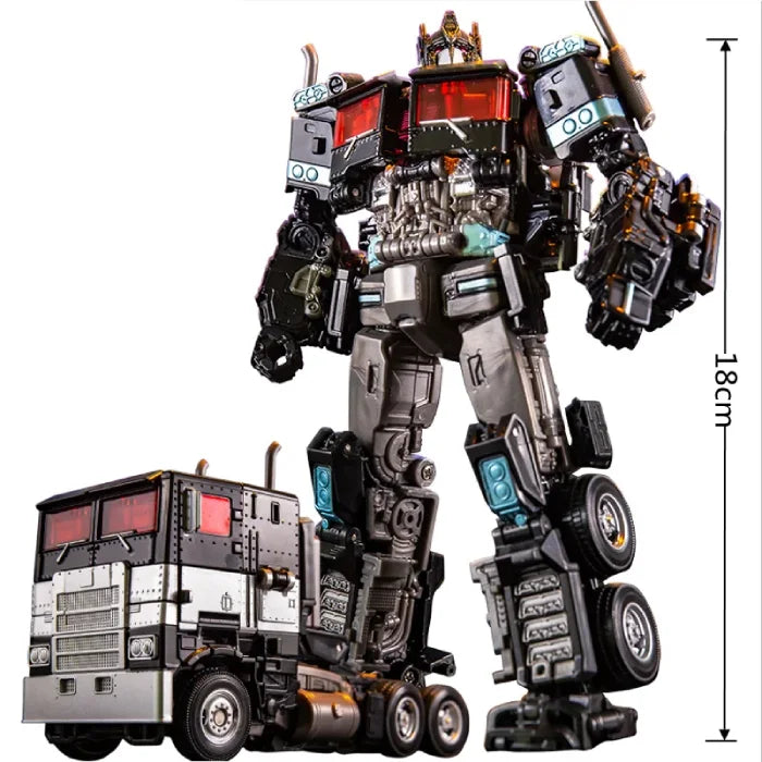 A black transforming robot standing 18 cm tall, displayed next to its truck mode with intricate designs.