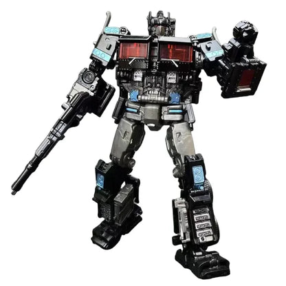 Rear view of a black transforming robot showcasing mechanical detailing, red highlights, and attached weaponry.