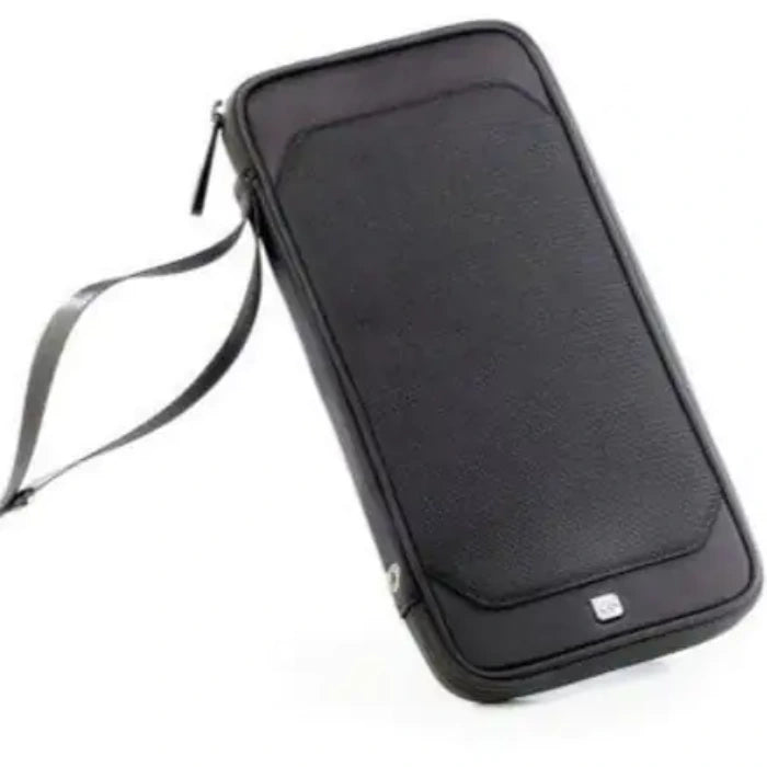 Sleek black RFID-protected travel document organizer featuring adjustable shoulder strap and secure zipper closure