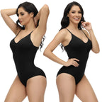 Black tummy control shapewear suit with seamless construction designed for workout performance and post-surgery compression support.