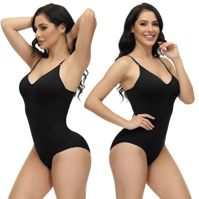 Black tummy control shapewear suit with seamless construction designed for workout performance and post-surgery compression support.