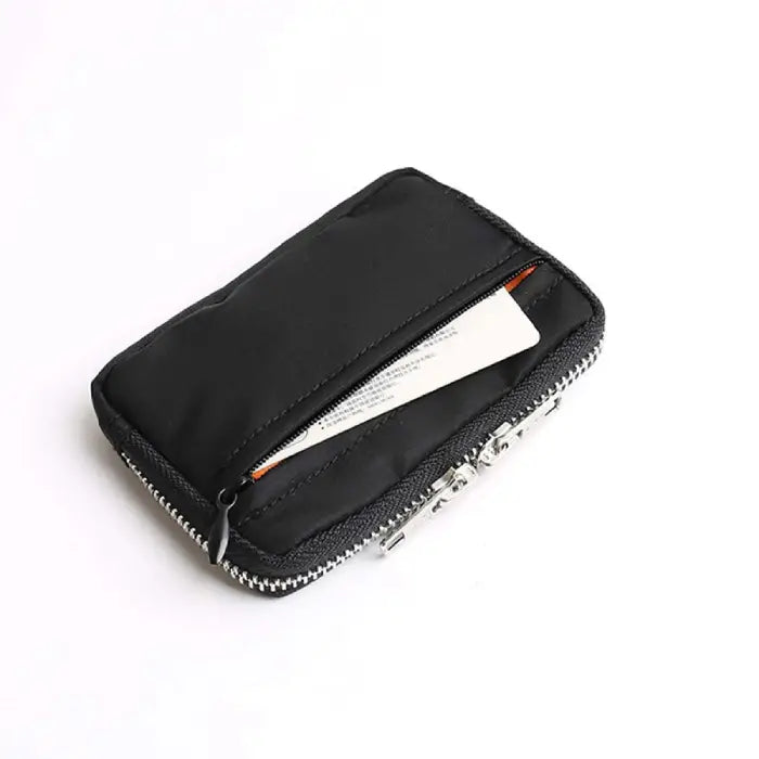 Black wallet with exposed card slot and zipper, providing easy access to cards and essential items.