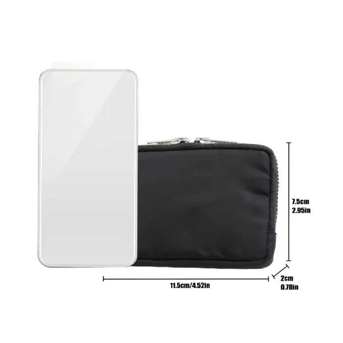 Black wallet next to a size chart showing dimensions of 11.5cm x 7.5cm x 2cm for compact portability.